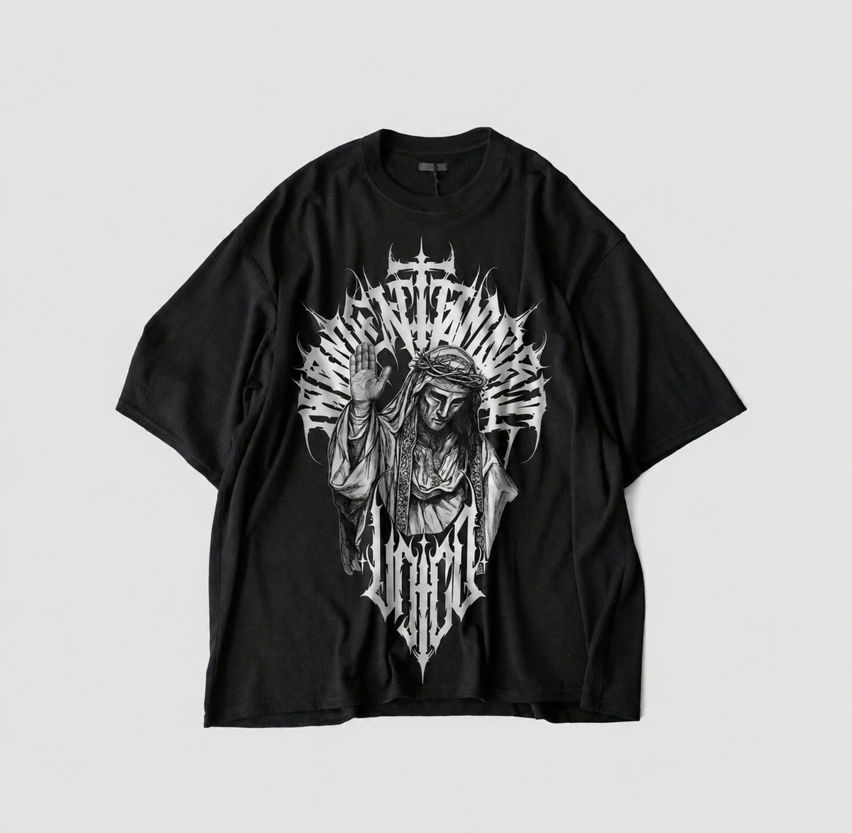 CREWZT Unholy Graphic Tee — Black, flat lay